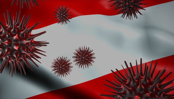 A coronavirus spinning with Austria flag behind as epidemic outbreak infection in Austria - Photo, Image