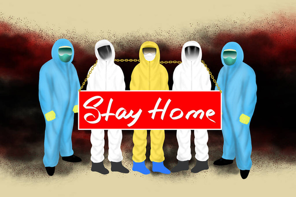 Μείνε σπίτι! Επιστήμονες και βιολόγοι ζητούν να μείνουν σπίτι κατά τη διάρκεια της καραντίνας. Ψηφιακή εικονογράφηση τέχνης.  - Φωτογραφία, εικόνα