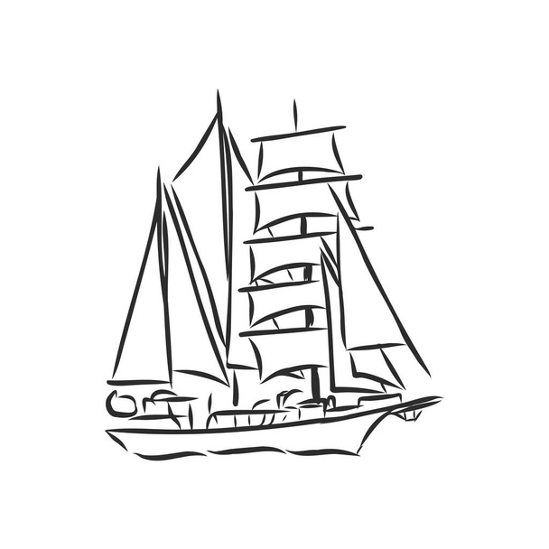 Velero o barco en el océano en estilo de línea de tinta. Yate dibujado a mano. Diseño temático marino. - Vector, Imagen