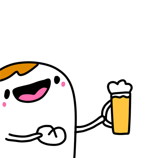 Man drinken bier hand getekend vector illustratie in cartoon stripverhaal stijl met grote mok poster print kaart - Vector, afbeelding