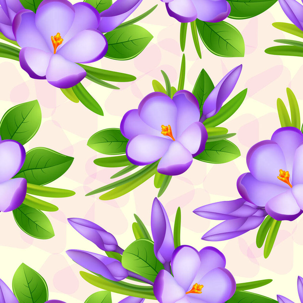 Purple crocuses with grass and green leaves on a light background. Natural spring decor. Spring floral background. Bright flowers. Wedding. Holiday. Seamless texture. - Foto, imagen