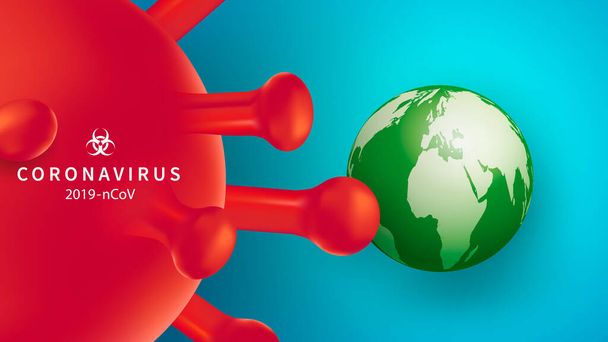 Yeni Coronavirus 2019-nKoV. Covid virüsü 19-NKP. Gerçekçi 3 boyutlu kırmızı virüs hücreleri olan bir arka plan. Tehlikenin sembolü. Dünya karantinada. Vektör illüstrasyonu. - Vektör, Görsel