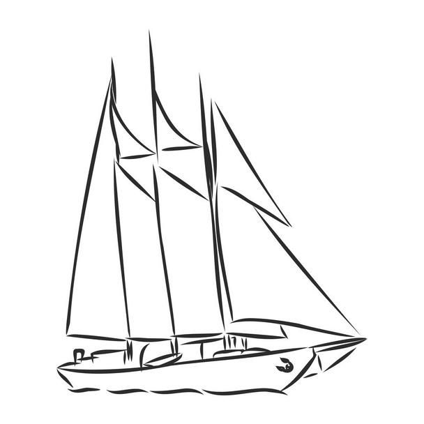 Żaglowiec lub łódź w oceanie w stylu linii tuszu. Ręcznie szkicowany jacht. Projekt tematu morskiego. - Wektor, obraz