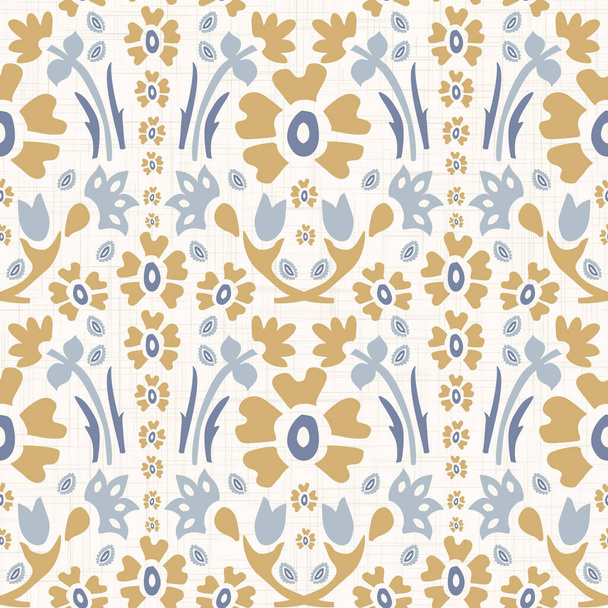 Francouzský blu ošuntělý elegantní Damask vektorové textury pozadí. Starožitný bílý žlutý modrý bezešvý vzor. Ručně kreslené květinové interiérové tapety domácí dekorace. Klasický barokní medailon po celém tisku - Vektor, obrázek