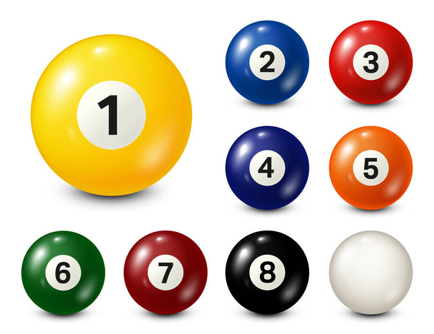 Billiard, pool balls with numbers collection. Realistic glossy snooker ball. White background. Vector illustration. - Vector, Image