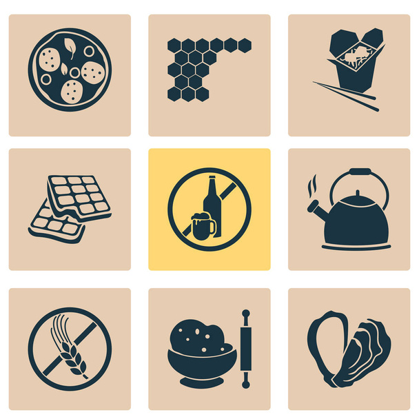 Set di icone del pasto con cibo cinese, waffle, senza glutine e altri elementi di bollitore. Isolate icone illustrazione pasto
. - Foto, immagini