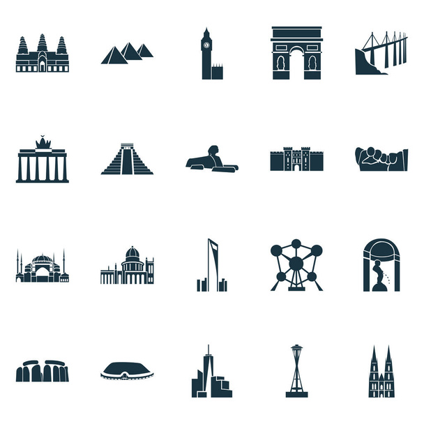Culture icons set with shanghAI world financial center, mount rushmore, space needle and other heritage elements. Isolated illustration culture icons. - Photo, Image