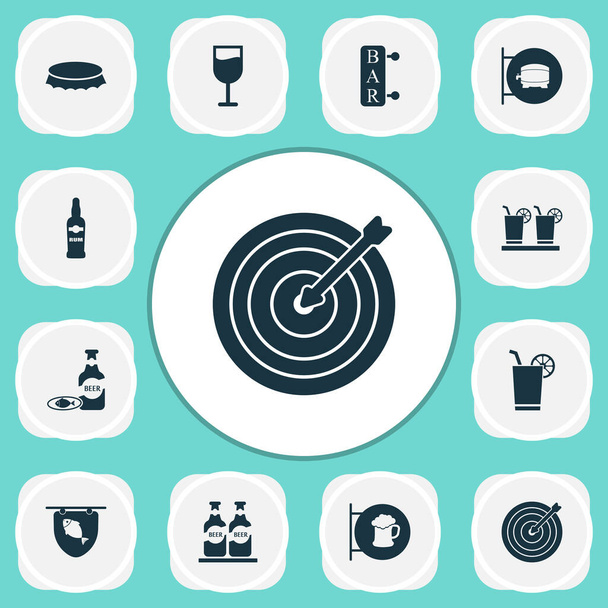 Alcohol icons set with bottle cap, glass of wine, darts and other beer sign elements. Isolated illustration alcohol icons. - Photo, Image
