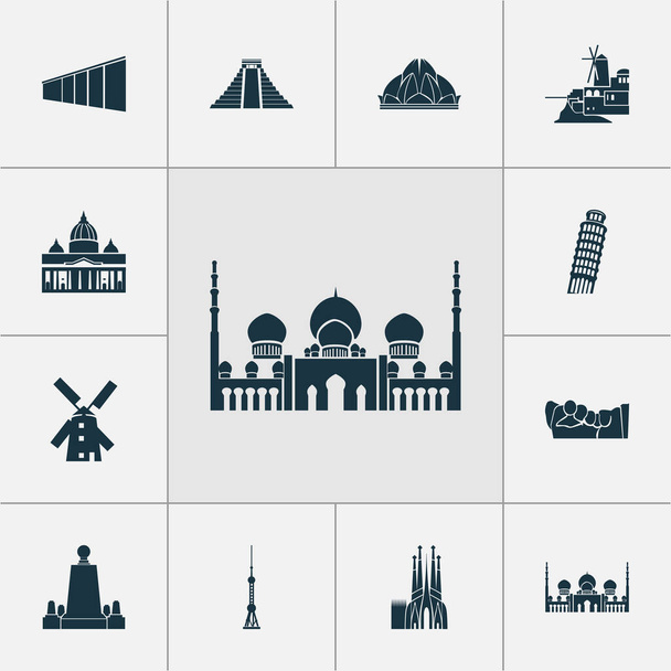 Iconos de turismo con templo de loto, en medio de la tierra, sheikh zayed gran mezquita y otros elementos griegos. Iconos del turismo ilustración aislada
. - Foto, imagen
