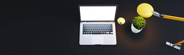 computer portatile su scrivania con impianto, lampada da scrivania, posta e superficie nera vista dall'alto rendering 3D
 - Foto, immagini