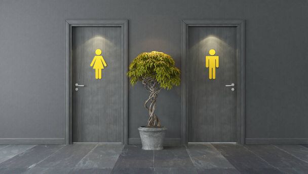 czarne drzwi toaletowe z ciemną ścianą, światło punktowe, roślina, czarny kamień podłogi i żółty znak dla projektu renderowania 3D - Zdjęcie, obraz