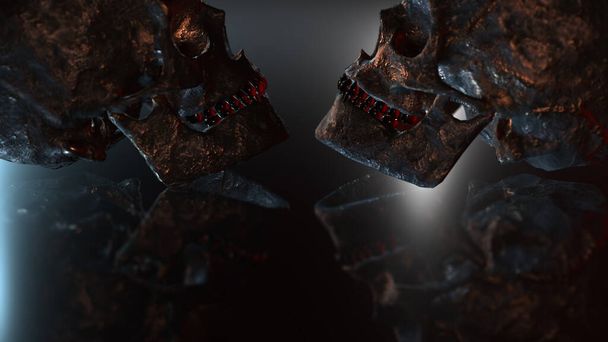 Menselijke schedel met donkere achtergrond. Dood, horror, anatomie en Halloween symbool. 3d weergave, 3d illustratie - Foto, afbeelding