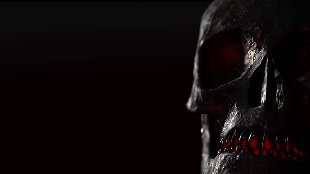 Menschlicher Schädel mit dunklem Hintergrund. Tod, Horror, Anatomie und Halloween-Symbol. 3D-Darstellung, 3D-Illustration - Foto, Bild