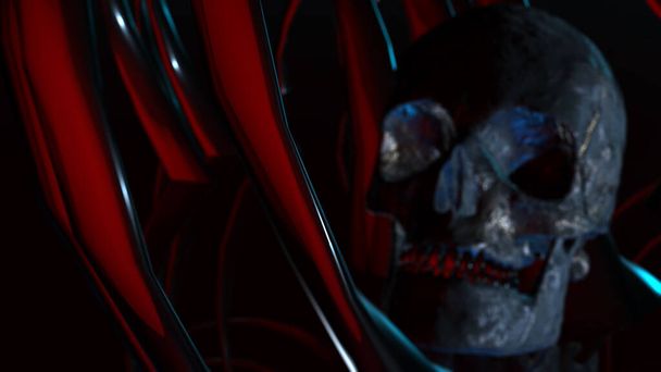 Crânio humano com fundo escuro. Morte, horror, anatomia e símbolo do Dia das Bruxas. renderização 3d, ilustração 3d
 - Foto, Imagem