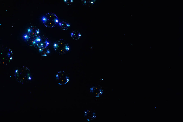 Zeepbellen geïsoleerd op een zwarte achtergrond. Kopieerruimte.  - Foto, afbeelding