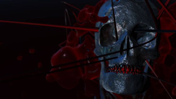 Emberi koponya sötét háttérrel. Halál, horror, anatómia és halloween szimbólum. 3d renderelés, 3d illusztráció - Fotó, kép