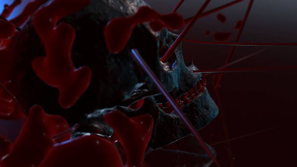 Ludzka czaszka z ciemnym tłem. Śmierć, horror, anatomia i symbol halloween. 3d renderowanie, ilustracja 3D - Zdjęcie, obraz