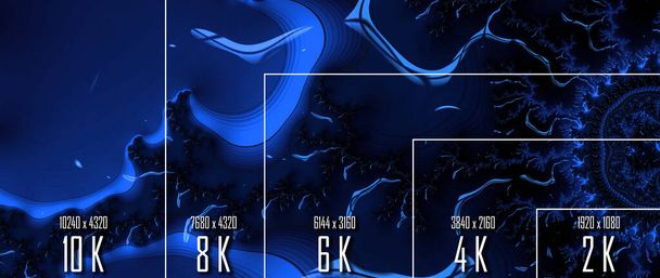10K / 8K / 6K / 4K / 2K TV-Auflösung mit Auflösungsvergleich. 3D-Renderer - Foto, Bild