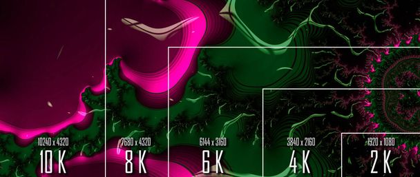 Displej rozlišení 10K / 8K / 6K / 4K / 2K s porovnáním rozlišení. 3D vykreslení - Fotografie, Obrázek