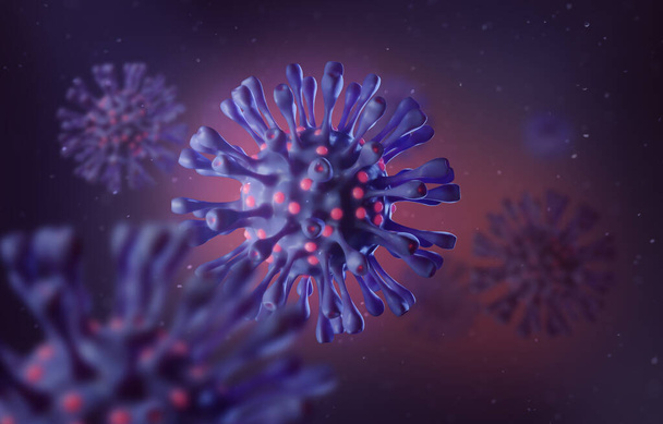 Общие фиолетовый вирус с пурпурной детали, 3D визуализации иллюстрации, микроскопические иллюстративные опасный вирус, фиолетовый фон 01
 - Фото, изображение