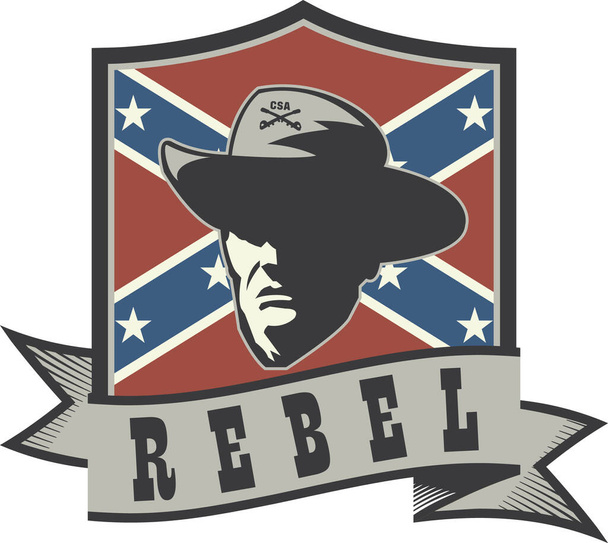Emblema com o oficial confederado rebelde, bandeira de batalha e fita
 - Vetor, Imagem