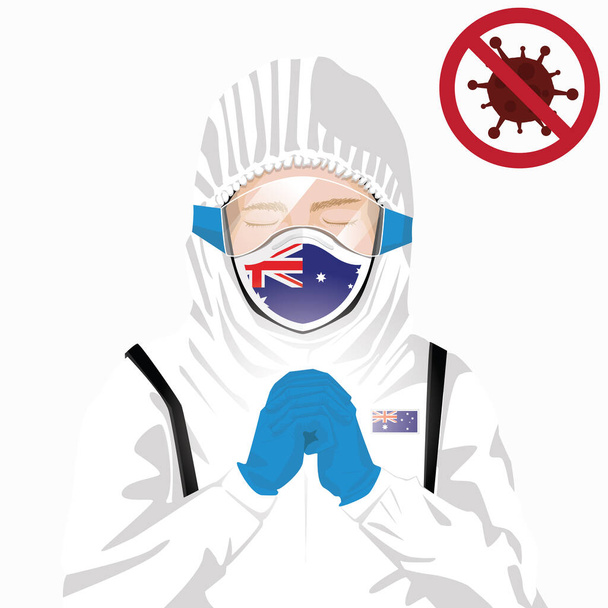 Covid-19 veya Coronavirus konsepti. Avustralya sağlık personeli koruyucu giysiler içinde maske takıyor ve Avustralya 'da Covid-19 virüsü salgınına karşı dua ediyor. Avustralyalı adam ve Avustralya bayrağı. Pandemik korona virüsü - Vektör, Görsel