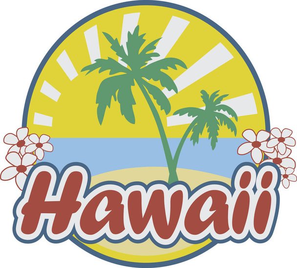 Hawaiiaans embleem (zon, zee, zand, palmen) en vlag - Vector, afbeelding