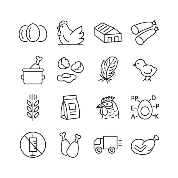 Poultry farm icon set. Chiken, egg, feather, sausage, truck, forage line symbols. Editable stroke. Vector illustration. - Vector, Image