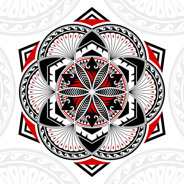 Thai padrão arte mista arte polinésia, Mandala arte em círculos formas, estrelas de seis pontas e hexagonal, listras preto-vermelho em um fundo branco
. - Vetor, Imagem