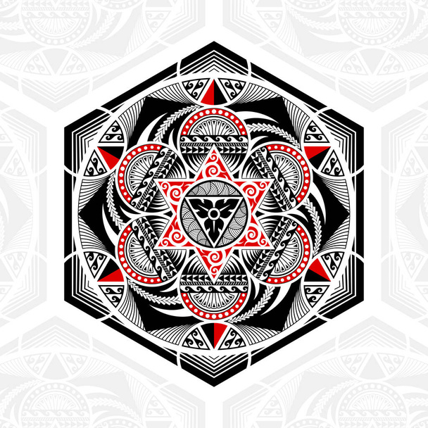 Thai-Muster Mixed Art Polynesische Kunst, Mandala-Kunst in sechseckigen Formen, sechsspitzige Sterne und Kreise, schwarz-rote Streifen auf weißem Hintergrund - Vektor, Bild