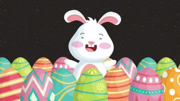 χαρούμενη πασχαλινή κάρτα κινουμένων σχεδίων με κουνέλι και αυγό ζωγραφισμένα - Πλάνα, βίντεο