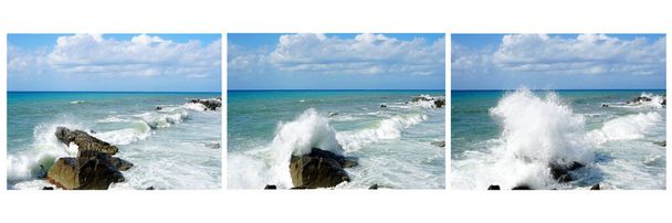 Calabria, Olaszország tenger hullámok dinamikus kollázs három színes fényképek 192dpi. Nincsenek emberek. Természet elem. Fehér keret. - Fotó, kép