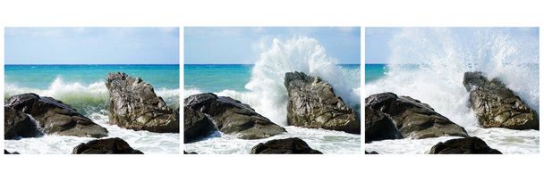 Calabria, Italia mare onde dinamico collage di tre fotografie a colori a 192dpi. Nessuna gente. Elemento natura. Cornice bianca
. - Foto, immagini