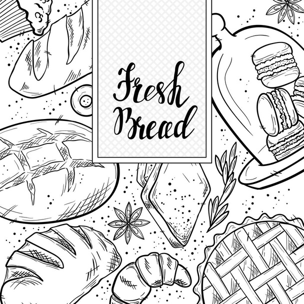 パンの手描きセットイラスト。パン屋やカフェテリアのためのヴィンテージ水彩画のペストリー、デザート、ケーキ、小麦、小麦粉新鮮なパンのスケッチ。ベクトルグラフィックス、メニューのための様式化されたイメージセット要素 - ベクター画像