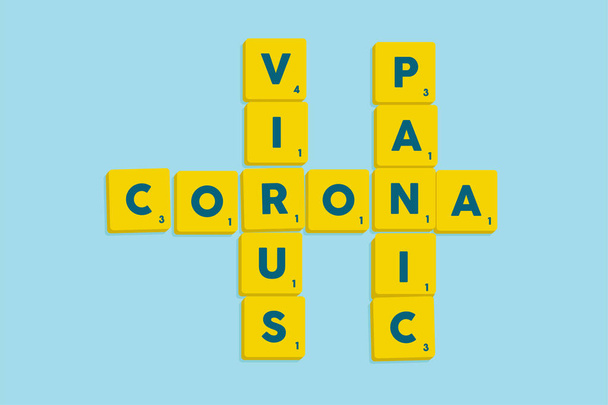 Palabras CORONA VIRUS en el vector scrabble alfabeto azulejos sobre un fondo azul
 - Vector, Imagen