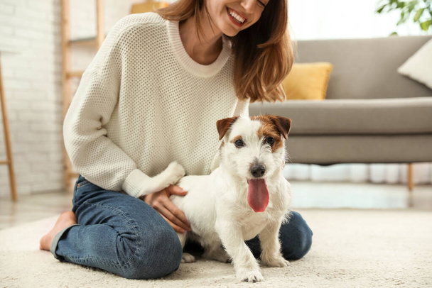 Young woman with her Jack Russell Terrier at home. Lovely pet - Фото, зображення