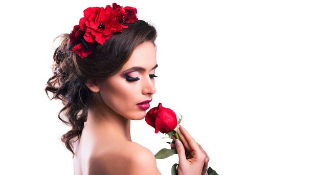 beautiful young woman with red rose. isolated on white - Fotografie, Obrázek