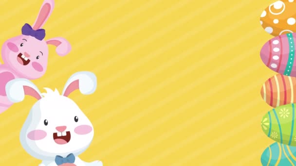 boldog húsvéti animációs kártya nyulakkal pár és tojás festett - Felvétel, videó