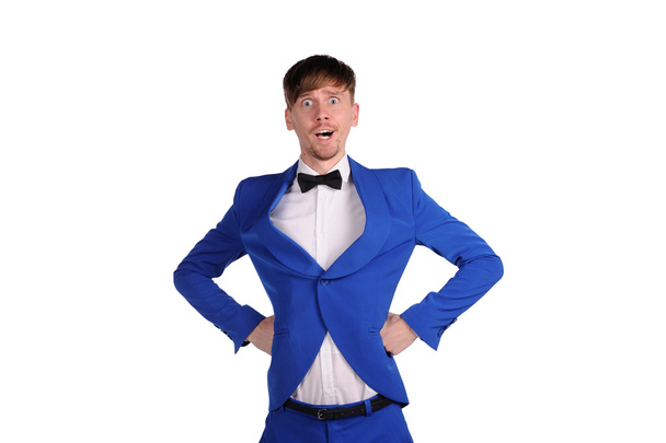 Funny man in blue suite with on white background - Photo, Image