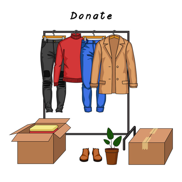 Χρωματική διανυσματική απεικόνιση της δωρεάς ρούχων. Ανδρικά ρούχα και χαρτοκιβώτια γεμάτα ρούχα. Μπουφάν, τζιν και πουλόβερ σε κρεμάστρες. Concept Design of Donate Ρούχα. Σχέδιο για την Ημέρα Φιλανθρωπίας - Διάνυσμα, εικόνα