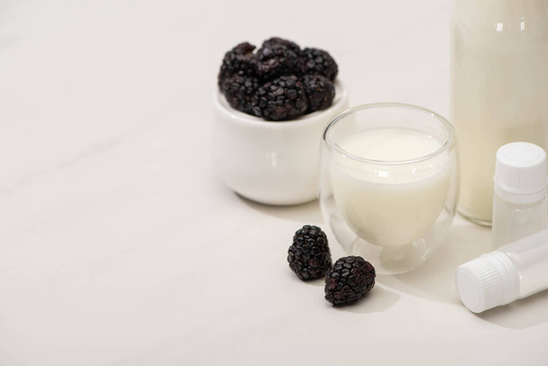 Korkea kulma näkymä sokerikulhoon karhunvatukat, pullo ja lasi jogurttia lähellä säiliöitä, joissa on aloitusviljelmät valkoisella
 - Valokuva, kuva
