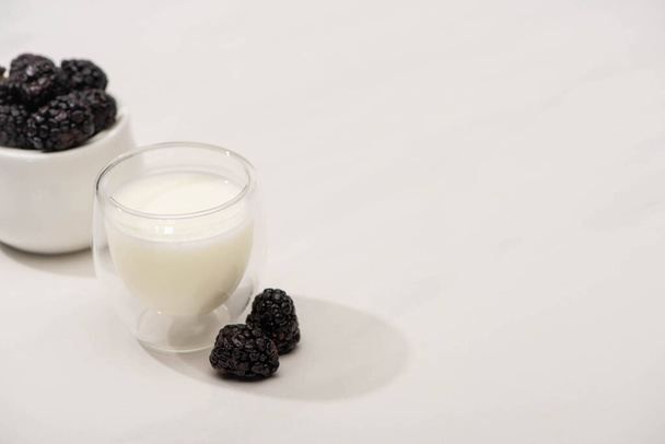 High angle view of sugar bowl with blackberries and glass of homemade yogurt on white background - Valokuva, kuva