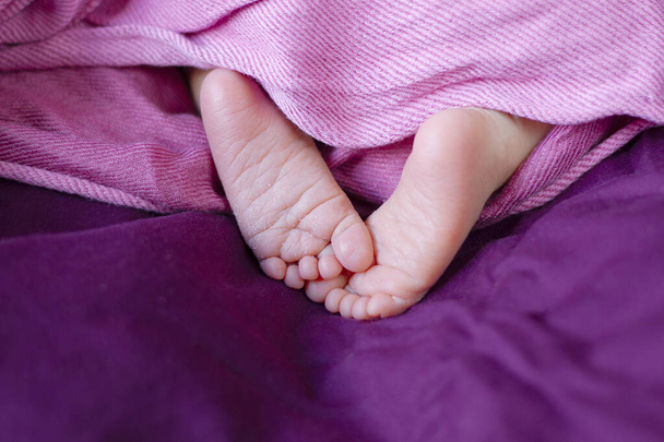 Close-up of newborn babie's feets, pink rough feets, pink and purple backround - Foto, Imagem