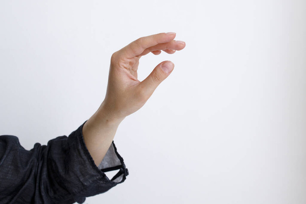 Female hand on a white background showing gestures in daylight - Foto, imagen