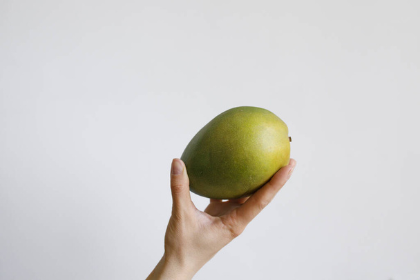 Female hand with green mango on a white background in daylight - Zdjęcie, obraz