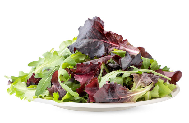 Salat aus Rucolablättern und roten Rüben in einem Teller auf weißem Hintergrund. Isoliert - Foto, Bild