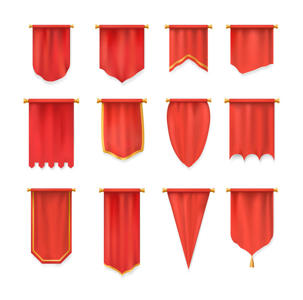 Realistic red pennant textile flag, heraldic template. Wall pennat mockup. - Vector, imagen