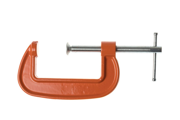Aberto laranja C-clamp, G-clamp, braçadeira de metal, isolado no fundo branco
 - Foto, Imagem