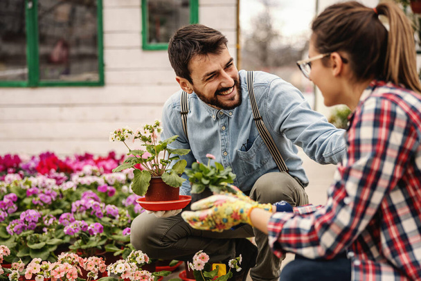 Two smiling nursery garden workers crouching and holding pots with flowers and chatting. - Photo, Image