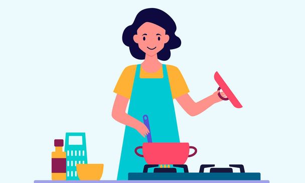 Mutfakta evde yemek pişiren mutlu kadın. Düz dizayn. Vektör illüstrasyonu - Vektör, Görsel